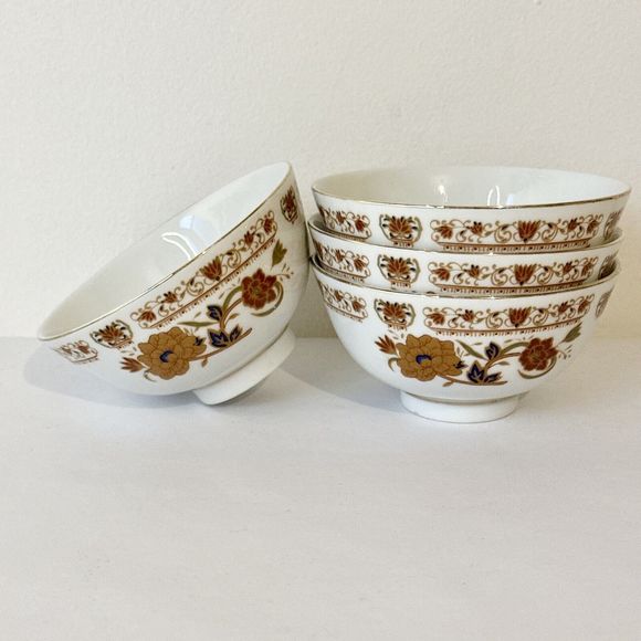 Vintage Royal Tatung Porcelain Asian Rice Bowls 4.5in‎ Saucers Floral Brown Blue - Picture 1 of 4